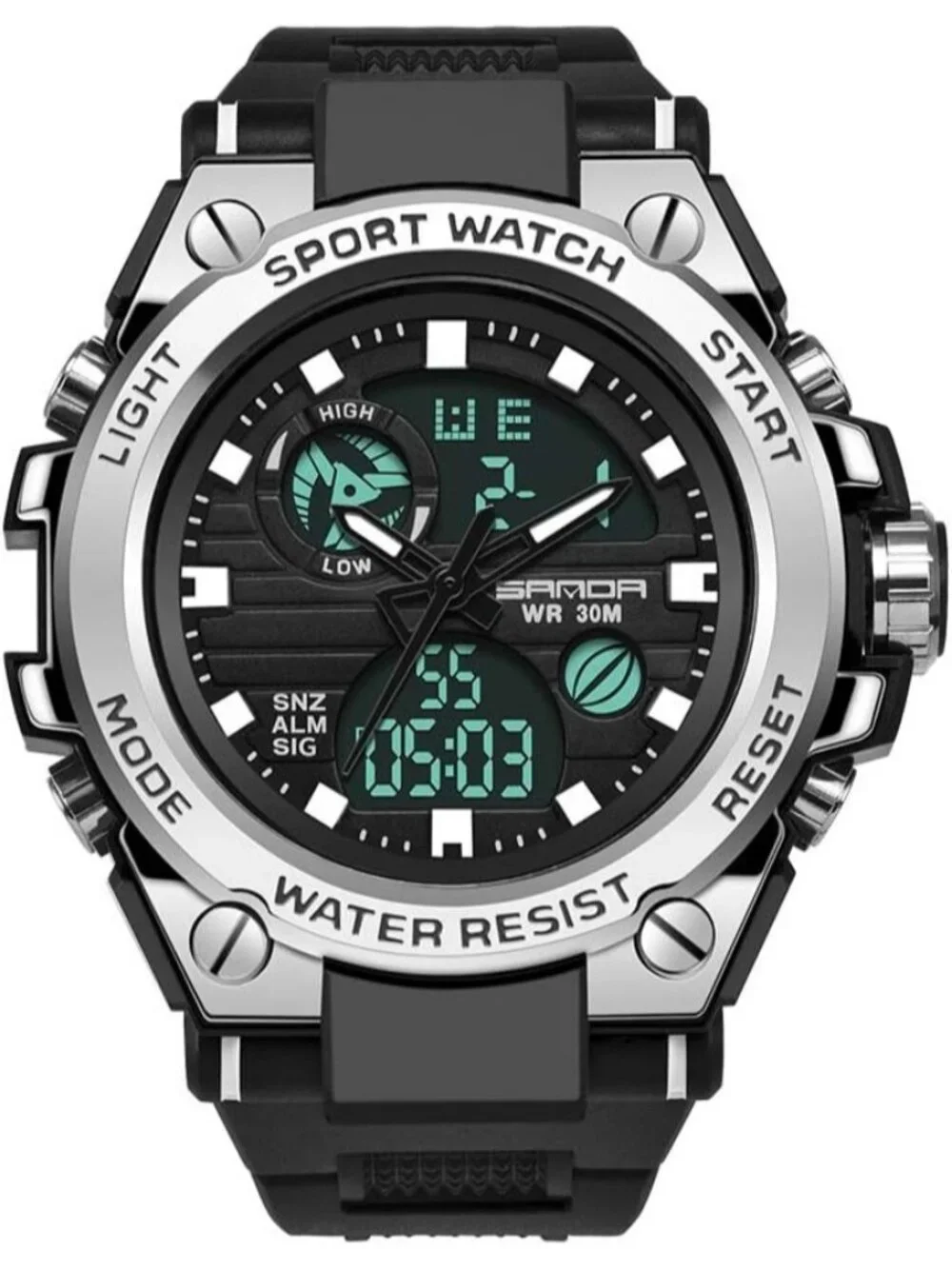 Men's Silver Analog Quartz Sports Outdoor Waterproof Military LED Digital Watch